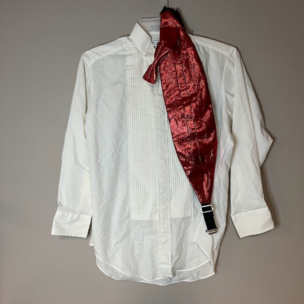 Vintage Pin Tuck White Tuxedo Shirt w/ Red Glitter Bow Tie and Cummerbund